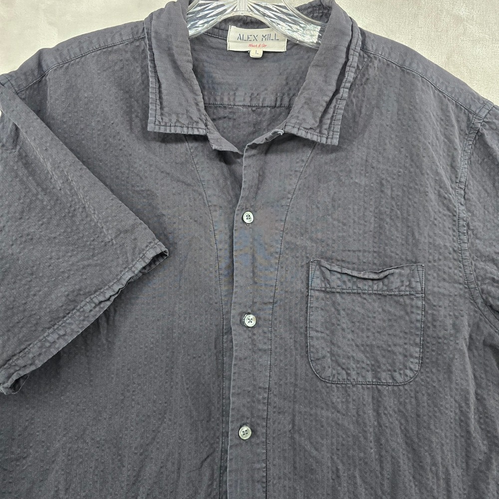 Alex Mill wash & go Button Down Shirt Mens Large Black Seersucker Short Sleeve
